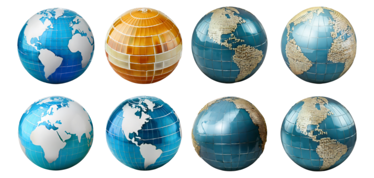 Various 3D Globe Designs Showcasing Different Planet Earth Views, Isolated on Transparent, white background - Powered by Adobe