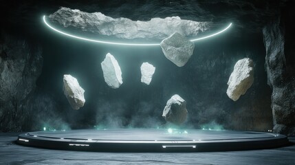 Floating rocks in dark cave with glowing light and platform