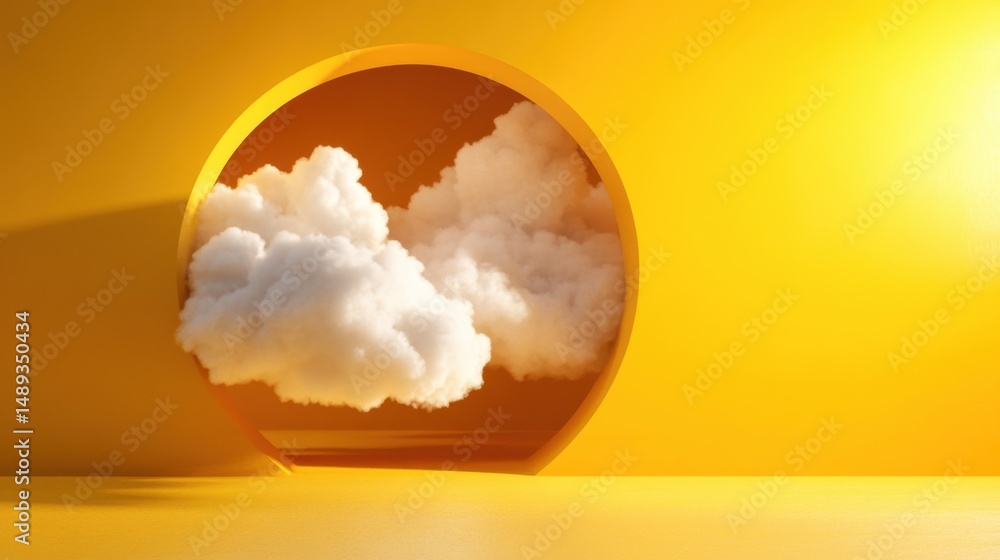 Poster conceptual render of abstract tunnel in yellow with floating clouds, dreamy atmosphere
