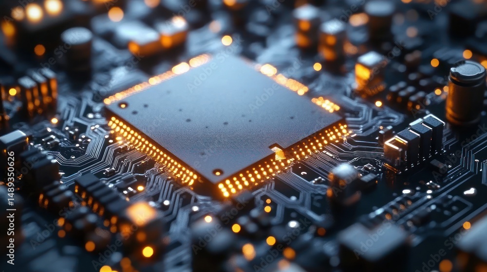 Poster close-up of a glowing central microchip on a complex circuit board with various electronic component