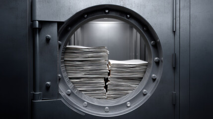 Large safe door with stacks of papers inside, illuminated by soft light, conveying security