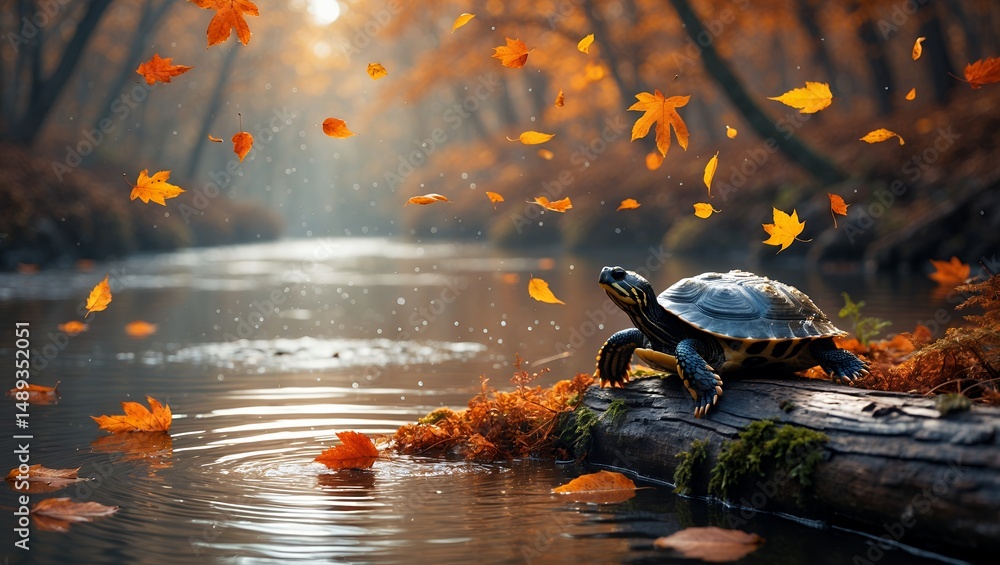 Poster turtle resting on log with falling leaves in autumn scene