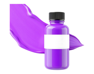 Purple paint bottle with a sample stroke