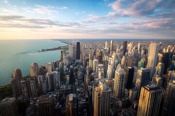 Fototapeta premium Chicago Skyline View with Lake Michigan, Skyscrapers, Urban Scene, and Cloudy Sky