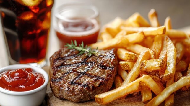 Grilled juicy steak garnished with rosemary served with crispy golden fries, ketchup, barbecue sauce, and a glass of cola on a wooden board