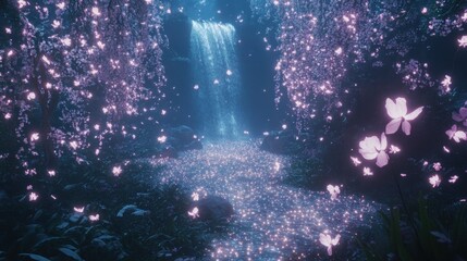 Magical waterfall glowing pink flowers dark forest night scene ethereal nature fantasy