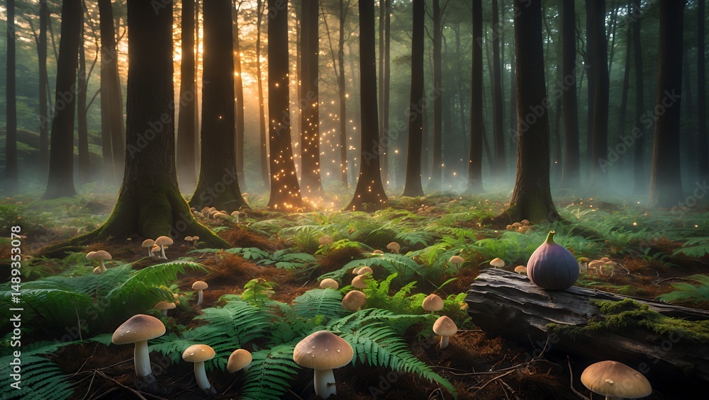 Poster exploring magical forest with mushrooms, ferns and soft sunlight filtering through