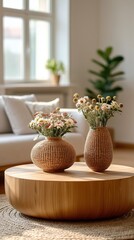 Close-up of wooden coffee table with woven vases and lace doily in boho-style modern living room interior. Cozy home decor with soft daylight, natural textures, neutral color palette, and minimalist b