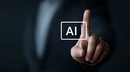 Hand touches ai symbol on screen dark background technology concept.