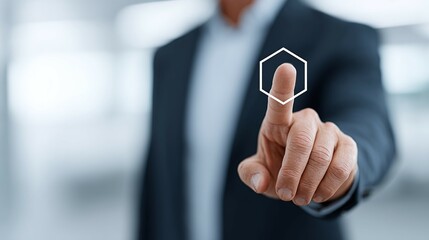 Man in suit touching a digital hexagon icon in a blurred office.