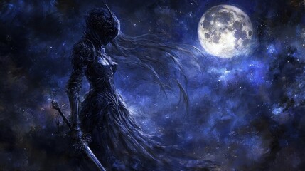 Dark knight under full moon fantasy digital painting