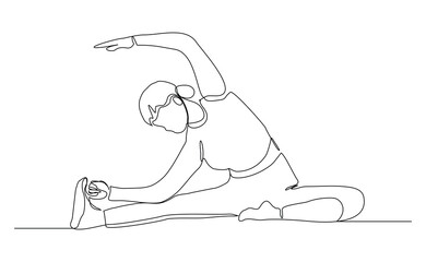 Continuous line drawing of sport woman engaged in yoga pose. Relaxing people editable stroke sketch vector illustration