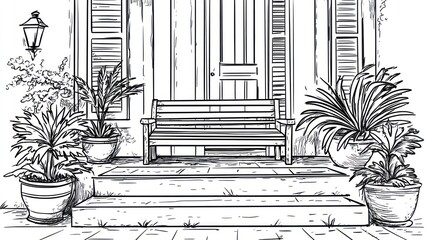 Fototapeta premium Porch bench, plants, house entrance, sketch, home design
