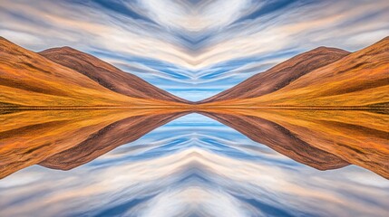 Golden hills mirrored in calm lake symmetrical nature landscape