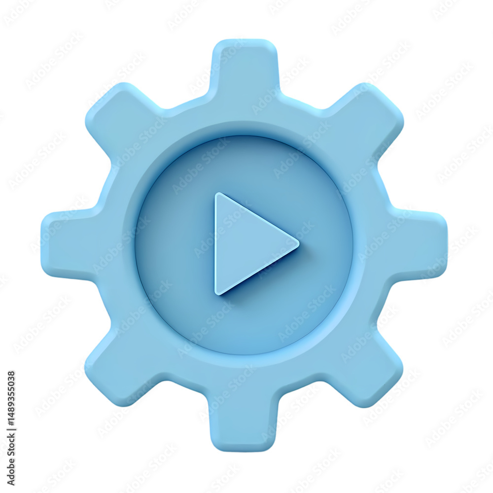 Poster a pale blue gear with a circular center containing a play symbol isolated background isolated on tra