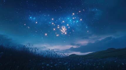 Serene starlit meadow at twilight, ethereal constellations illuminate the horizon
