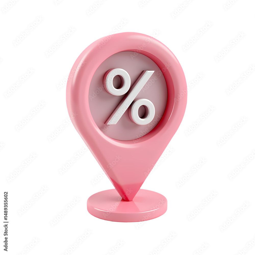 Poster a pink location pin with a percentage sign on a stand in a rendered style isolated on transparent ba
