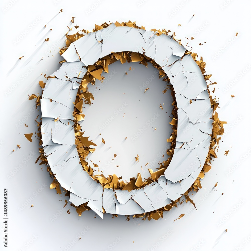 Poster cracked white and gold number zero with broken textured surface and dimensional depth effects for ab