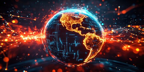Futuristic digital globe showing illuminated continents with flowing data streams representing global connectivity and technology advancement