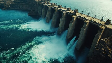 Powerful dam water release high angle aerial view