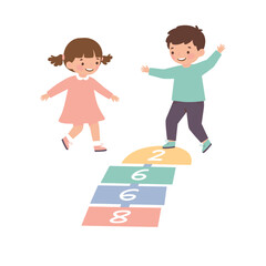 Obraz premium Two children playing hopscotch outdoors with joy 