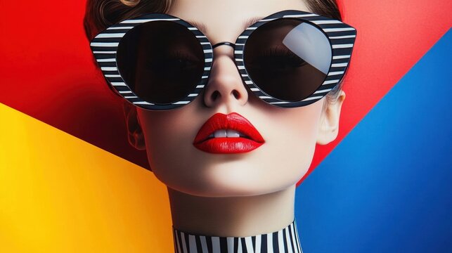 Close-up portrait of a stylish woman with bold red lipstick wearing oversized black and white striped sunglasses and a matching striped high neckline against a colorful geometric background - Powered by Adobe