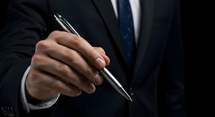 Elegant Man Holding a Silver Pen Against a Dark Background