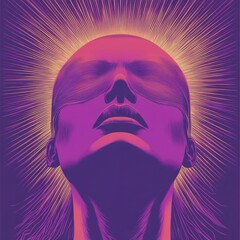 A serene goddess in radiant magenta and violet tones, her head uplifted in peaceful transcendence with glowing aura lines
