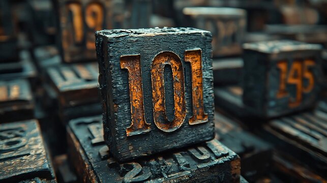 Close-up of weathered, dark-colored number blocks, specifically highlighting a block with the number 101.  The blocks appear old and possibly made of wood or metal