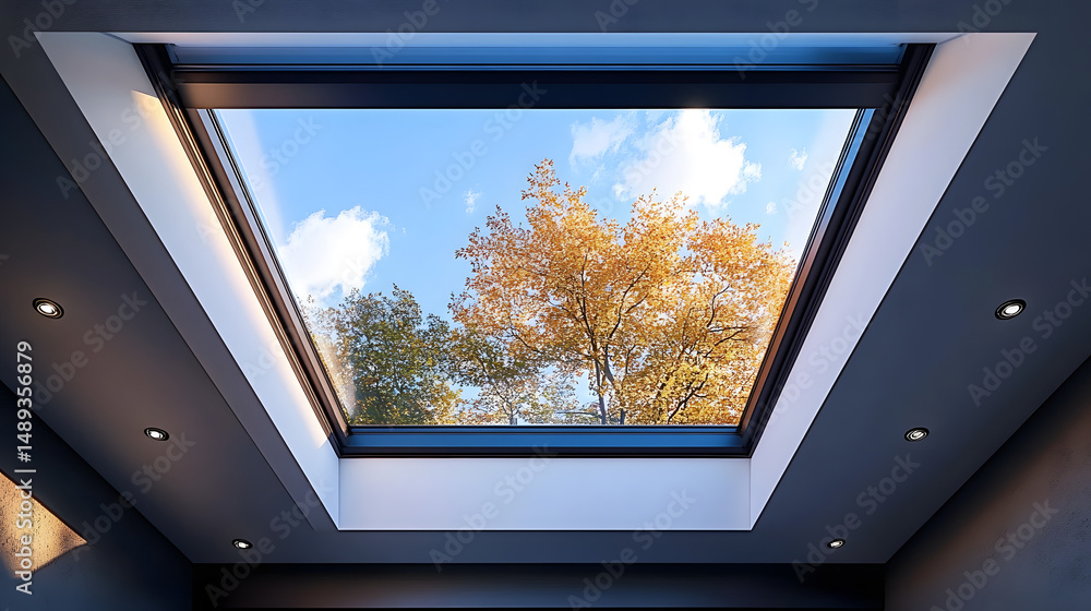 Poster skylight window featuring a modern black frame and open position, ideal for ventilation and daylight