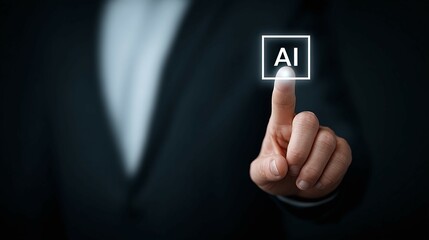 Finger presses a glowing ai button on a dark background.