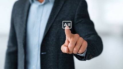 Person in suit touching ai icon on screen in bright indoor setting.