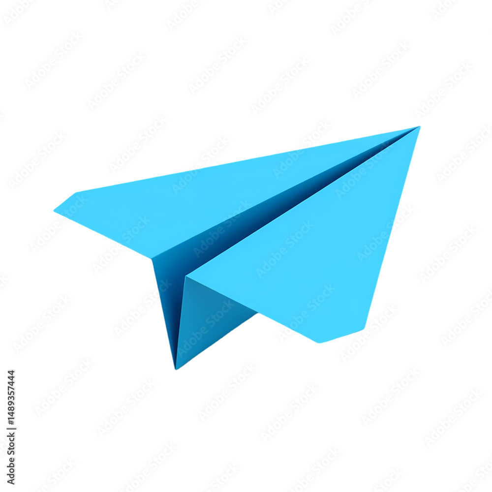 Poster a light blue paper airplane in a simple minimalist style render isolated on transparent background