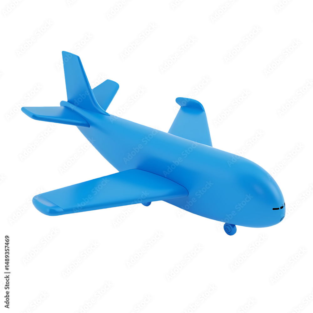 Poster a simple blue airplane with wings and tail fins in a studio setting isolated on transparent backgrou