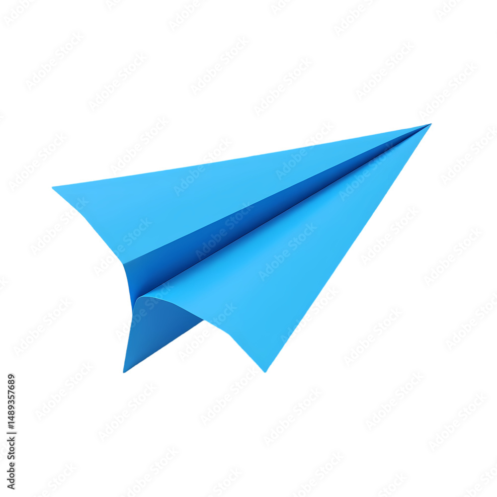 Poster a single blue paper airplane with sharp angles and clean lines design style isolated on transparent 