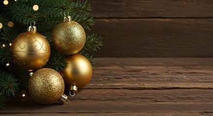Rustic Christmas Background with Gold Ornaments and Wooden Texture