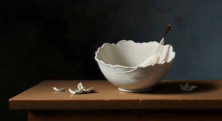 High-Quality Oil Painting of a Simple White Bowl on a Table