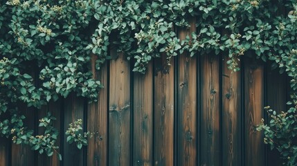Green vine on dark wooden fence nature background