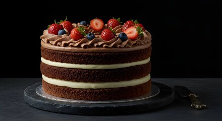 Vintage French Cake for Celebration with Fresh Berries and Cream