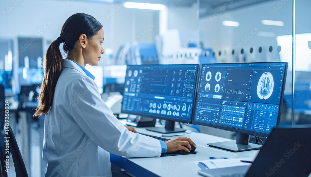Poster tech savvy analysis: a focused expert meticulously navigates complex medical imaging data on multipl