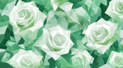 Green Low Poly White Roses Background