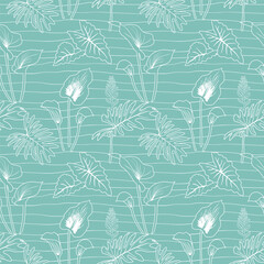 Fototapeta premium Hand drawn outline tropical leaves seamless pattern on blue background