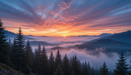 Serene mountain landscape at sunrise, mist over a pine forest, vibrant colors, cinematic wide shot, ultra-realistic nature photography."