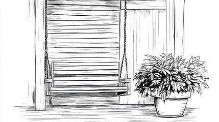 Fototapeta premium Porch swing, potted plant, wooden house, relaxing scene, home decor