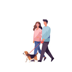 Couple walking dog together in casual attire during their leisure time  