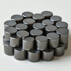 50 powerful silver cylindrical magnets arranged on white background, industrial-strength round magnetic elements in clean minimalist composition