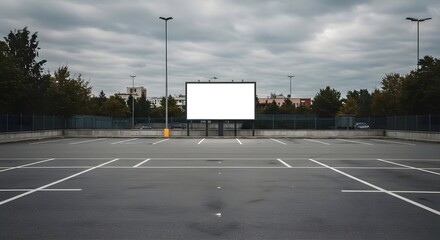 Empty Parking Lot with Blank Billboard Under a Cloudy Sky