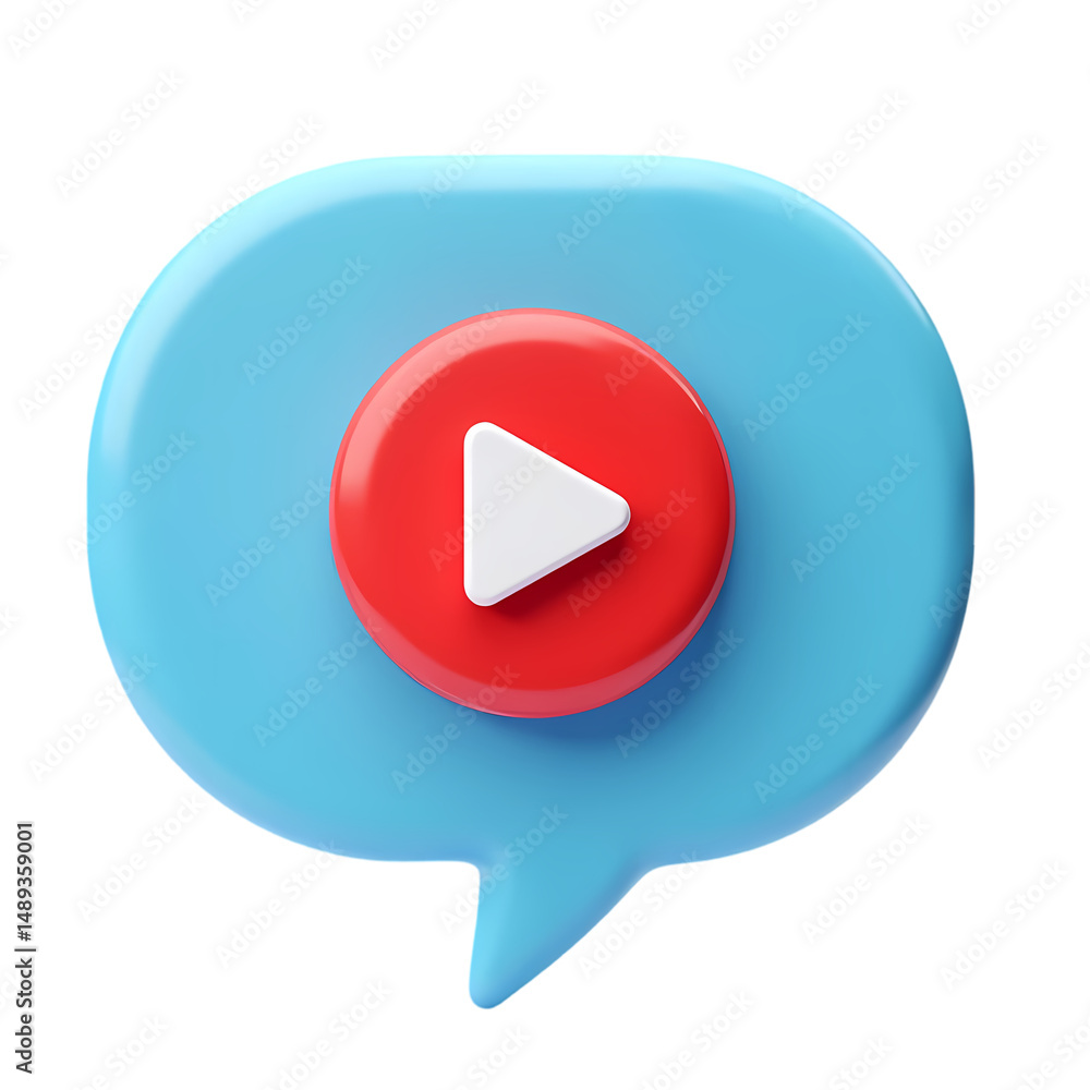 Poster a blue speech bubble with a red circle and a white play button in the center isolated on transparent