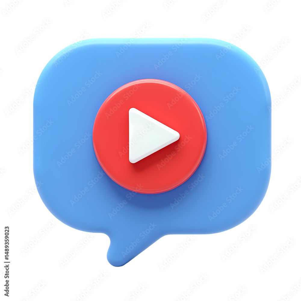 Poster a blue speech bubble with a red circle and a white play button in the middle isolated on transparent