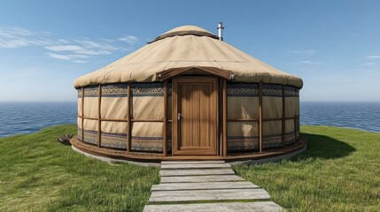 Beige yurt on grassy island overlooking calm sea traditional portable dwelling travel and tourism